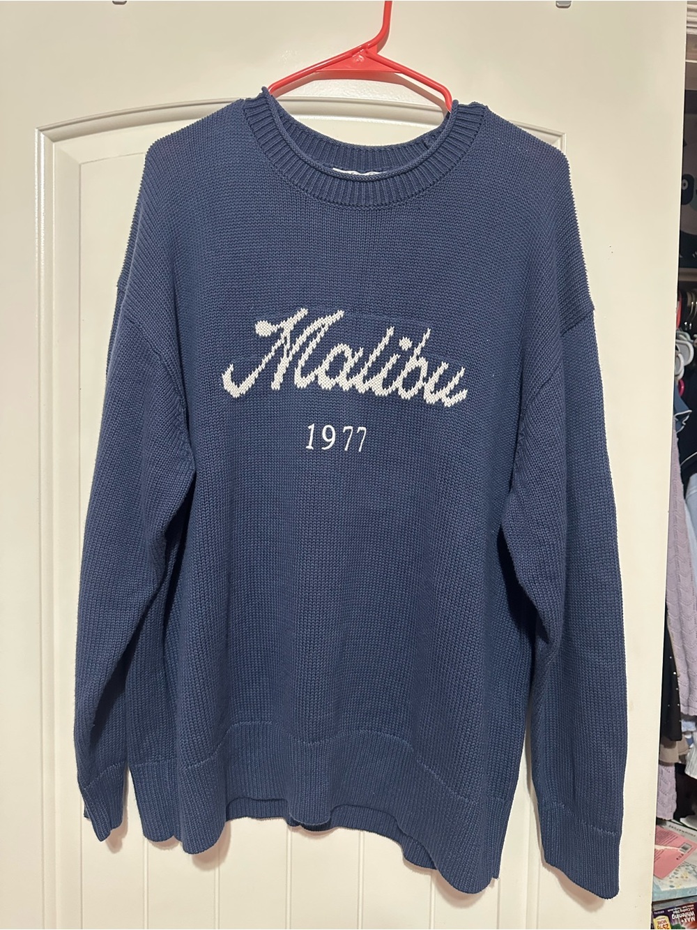 American Eagle Outfitters Navy Blue 'Malibu 1977' Knit Sweater